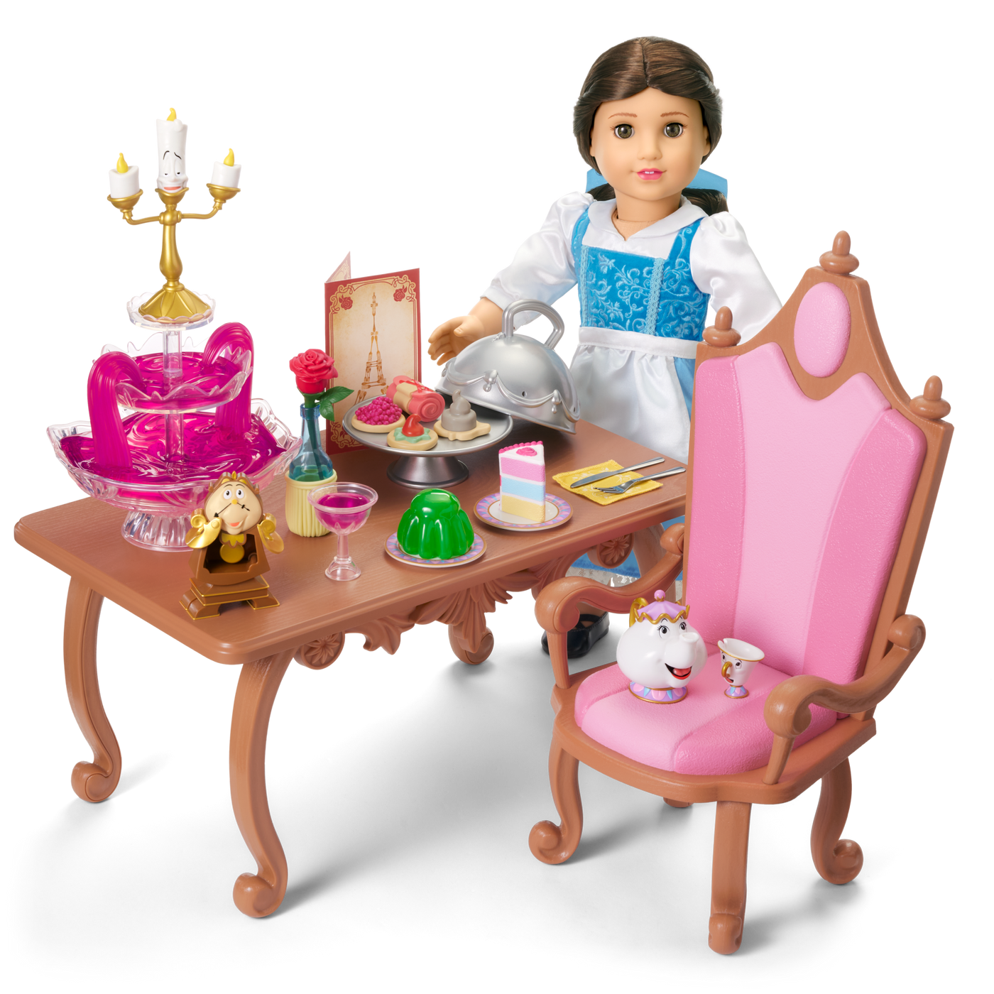 Disney Princess Belle Enchanted Castle Dining Set, Blue Dress & Friends Bundle for 18-inch Dolls D4