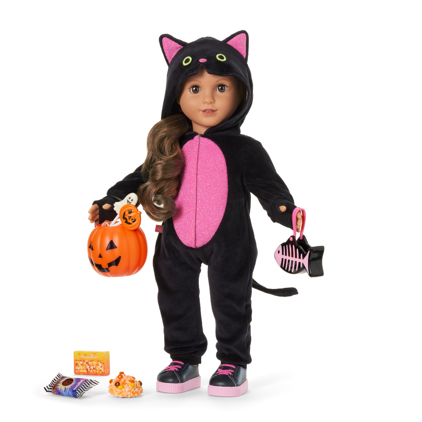 Claws & Cuddles Cat Costume & Trick-or-Treat Set Bundle for 18-inch Dolls I0